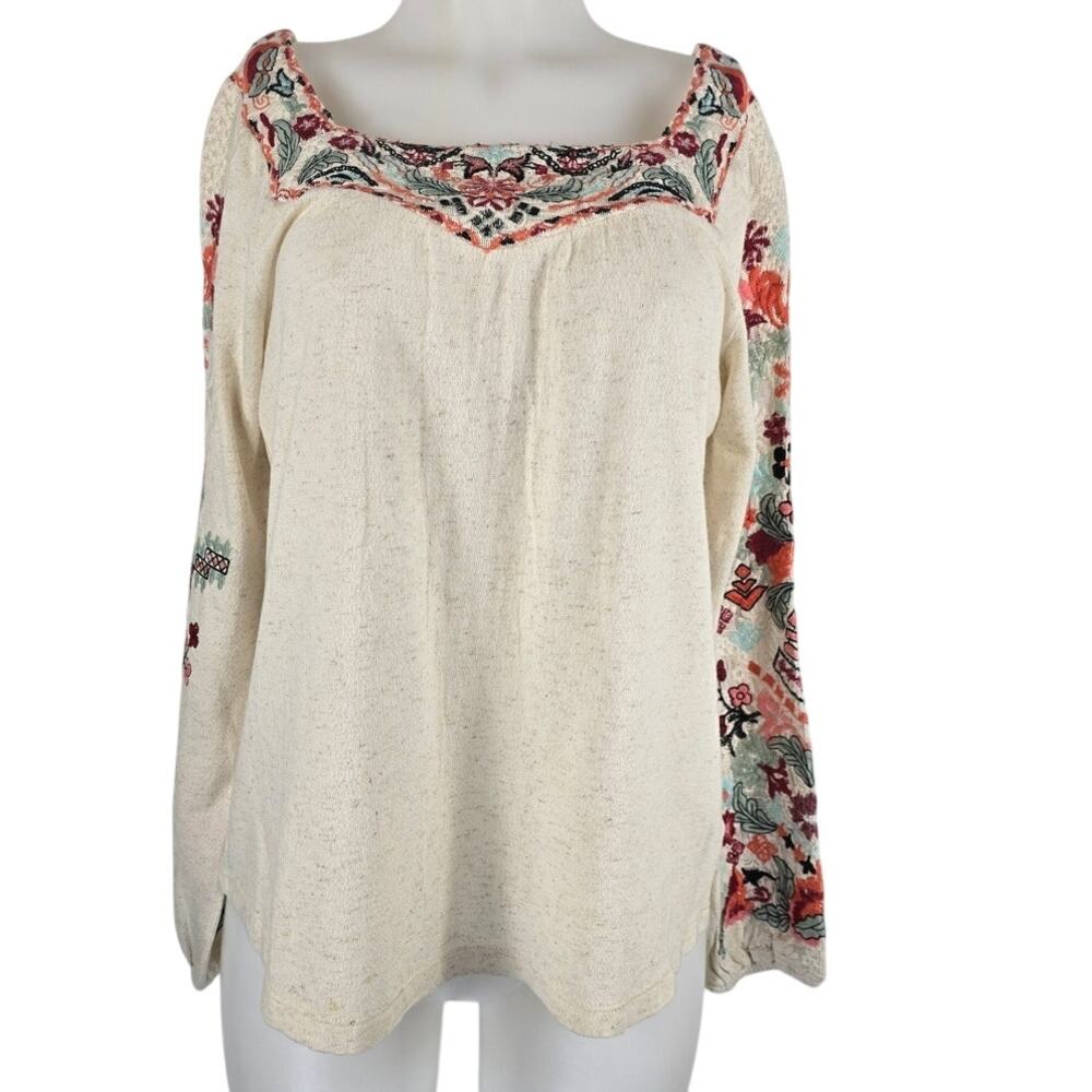 Soft Surroundings Linen Blend Tan Embroidered Flowers Women's Blouse S